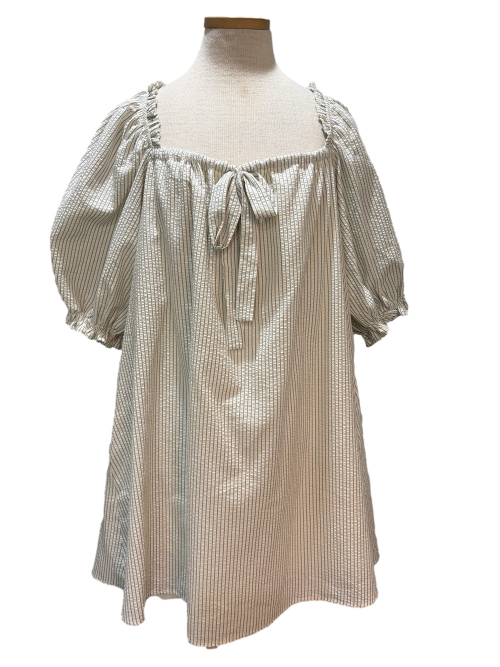 Things Between sz L seersucker ruffled puff sleeve tie front dress NWOT
